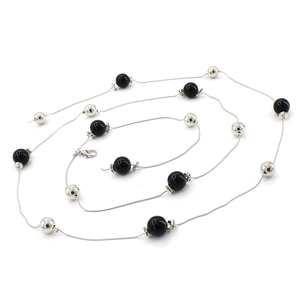 Elegant long metal waist chain belt with black pearls and crystal spacers for dresses