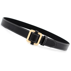 Minimalist black leather belt for women with white stitching and square gold metal buckle