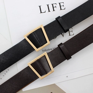 Classic leather belts with geometric gold trapezoid buckle in black and dark brown