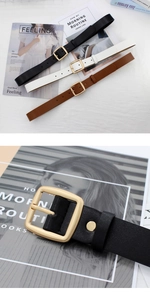 Detail of multi-color vintage faux leather belts with golden square buckles on magazines