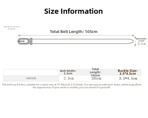 Size chart showing 105cm length and 2.3cm width for the women denim leather belt