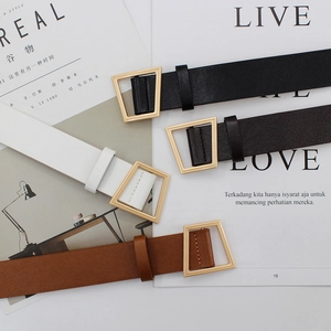 Women's minimalist waist belts with gold trapezoid buckles in four classic colors