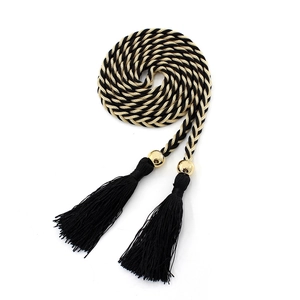 Cintura intrecciata nera e oro con nappe finali e dettagli in perle dorate