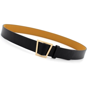 Women's black and yellow leather belt with geometric gold trapezoid buckle on white background