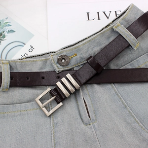 Women's dark brown leather skinny belt with square silver buckle and four metal rings