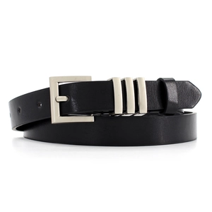 Classic black leather belt with silver needle buckle and triple metal ring loops