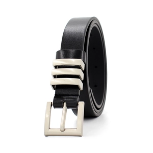 Chic black leather belt with silver square pin buckle and decorative metal rings