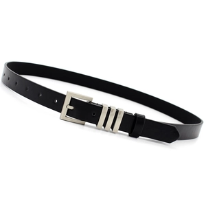 Women's black leather belt with silver pin buckle and triple metal decorative rings
