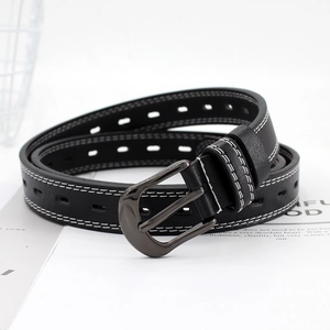 Women Fashion PU Leather Thin Belt With Contrast White Stitching And Pin Buckle Hollow Out Decorative Waistband For Dresses