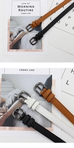 Detailed view of women's thin belts with square gun-metal buckles in black, brown and white