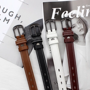 Women's thin leather belt set with alloy pin buckle and white contrast stitching