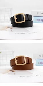 Chic retro square gold buckle belts in black and brown leather on lifestyle background