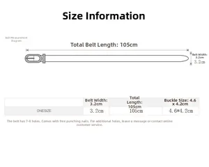 Guida alle taglie con lunghezza 105cm, larghezza 3,2cm e fibbia quadrata argento 4,6x4,2cm