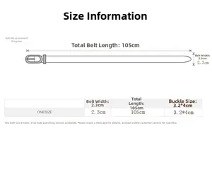 Size chart for slim leather belt showing 105cm length and 2.3cm width with buckle details
