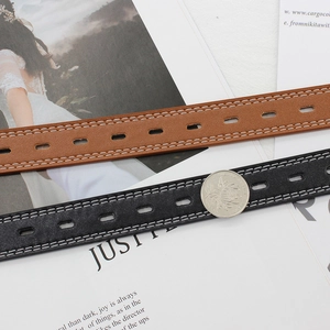 Brown and black hollow faux leather belts with white stitching and metal pin buckle