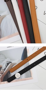Detail shot of slim leather belts in multiple colors with neat stitching and width reference