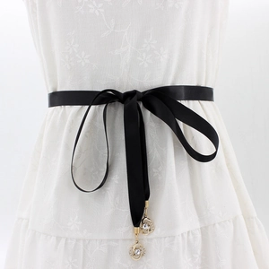 Damen Süß Satinband Taillenkette Elegant Schleife Dekorativ Dünn Gürtel Mit Legierung Blume Strass Anhänger Für Kleid