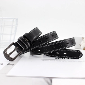 Black leather belt for women with white double stitching and dark silver pin buckle