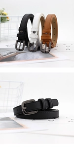 Detailed view of women's thin belts with square gunmetal buckles in black, white, and brown