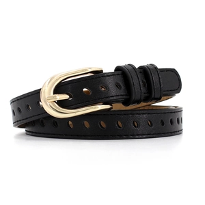 Women's black slim leather belt with gold horseshoe buckle and all-over hole design