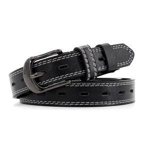 Women's black leather belt with hollow design, white stitching, and metal pin buckle