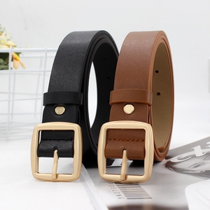 Women Retro Minimalist Faux Leather Belt With Square Gold Metal Buckle Chic Fashion Waistband For Jeans Dress Lady Waist Belt