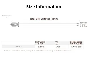 Detailed size chart for black PU leather belt with 110cm length and 2.8cm width specifications