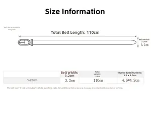 Tableau détaillé des tailles pour ceinture à boucle carrée de 110 cm de long et 3,2 cm de large