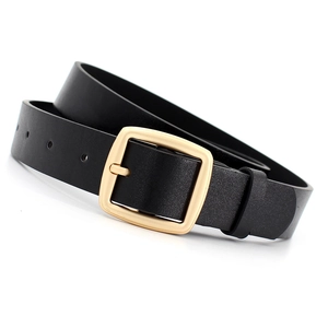 Classic black leather belt with a golden square metal buckle for women's denim jeans