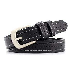 Classic black leather belt for women with white stitching and silver metal pin buckle