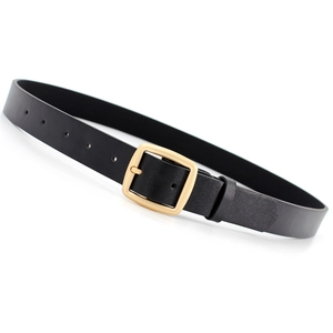 Minimalist black leather belt with matte gold rectangular buckle for vintage chic outfits