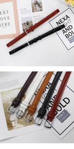 Collection of slim leather belts for women with metal pin buckles in multiple fashion colors