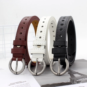Ceinture Femme en Cuir PU Ajouré Étoile Rétro Avec Boucle Ronde Argent Antique Ceinture Mode Décontractée pour Jean Quotidien