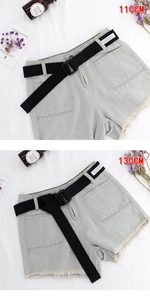 Comparison of 110cm and 130cm black canvas belts on light blue denim shorts