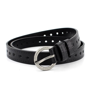Ceinture vintage noire pour femme avec découpes en étoile et boucle ronde en métal argent