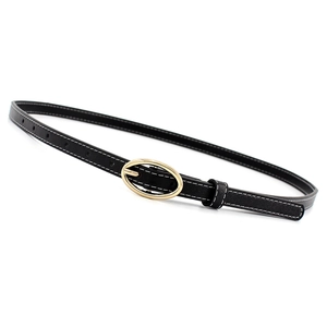 Minimalistischer Damen-Ledergürtel in Schwarz mit goldener Oval-Schnalle und weißen Nähten