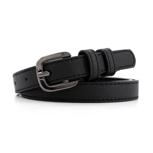 Minimalist black slim leather belt for women with a polished square silver metal buckle