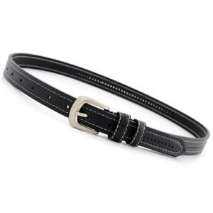 Classic black leather belt with silver pin buckle and contrast white stitching for women