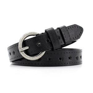 Ceinture vintage noire pour femme avec étoiles ajourées et boucle en argent antique