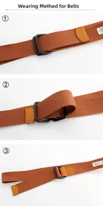 Three-step visual guide for wearing the brown canvas belt with black double D-ring buckles