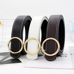 Ceinture pour Femme en Cuir PU à Motif Litchi avec Boucle Ronde en Alliage et Surpiqûres Contrastées