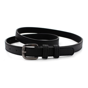 Women's thin black leather belt featuring a gunmetal square buckle and double loop design