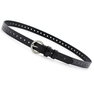 Ceinture femme en cuir noir avec perforations étoiles et boucle argentée ronde