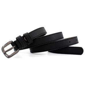 Women's black leather belt with lychee texture and square gunmetal buckle on white background