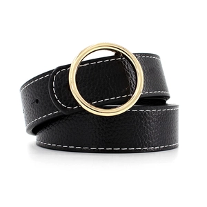 Ceinture femme en cuir noir avec grande boucle dorée ronde et surpiqûres blanches