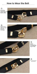 Detailed view of the interlocking gold buckle assembly on a black elastic waist belt