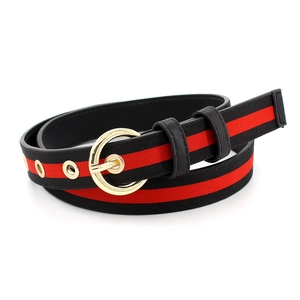 Ceinture classique en toile à rayures rouges et noires avec boucle ronde dorée pour pantalon