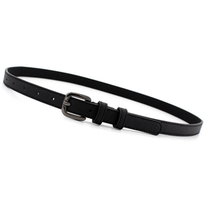 Sleek black leather belt for women with a dark silver square pin buckle and double loops