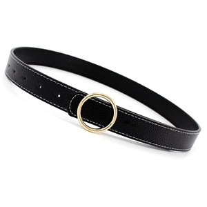 Ceinture noire pour femme en similicuir avec boucle ronde dorée et surpiqûres blanches