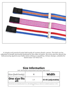 Size chart showing width 2.5cm and adjustable length 55-85cm for the elastic waist belt